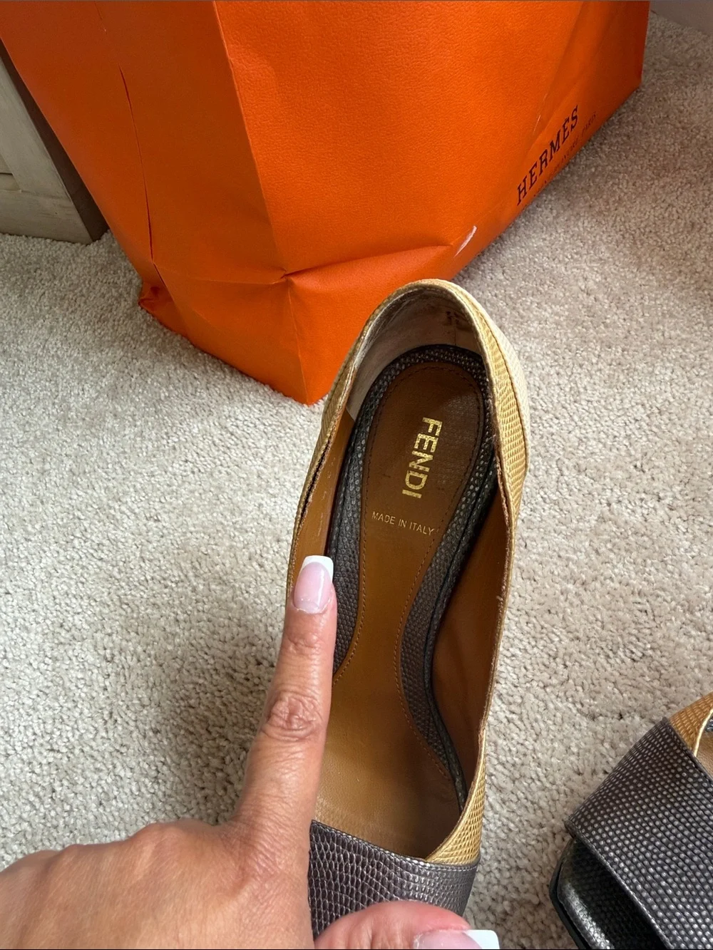 Fendi Two-Tone Bronze and Gold Peep-Toe Heels
